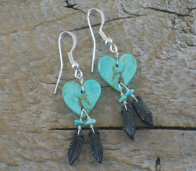 Earrings Native American Heart and Feather Dangles B